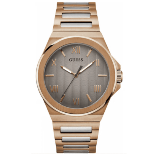 GUESS men's watch with rose gold case, grey sunray dial with Roman numerals, and rose gold bracelet