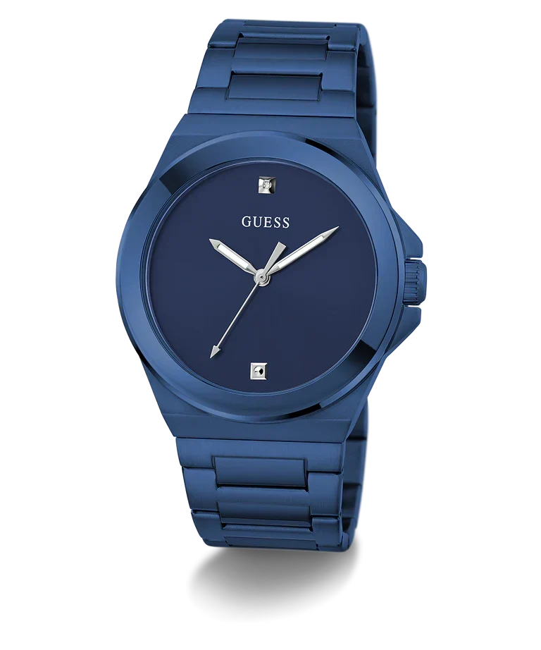 GUESS GW0833G1 blue watch shown at angle with metal bracelet and date window
