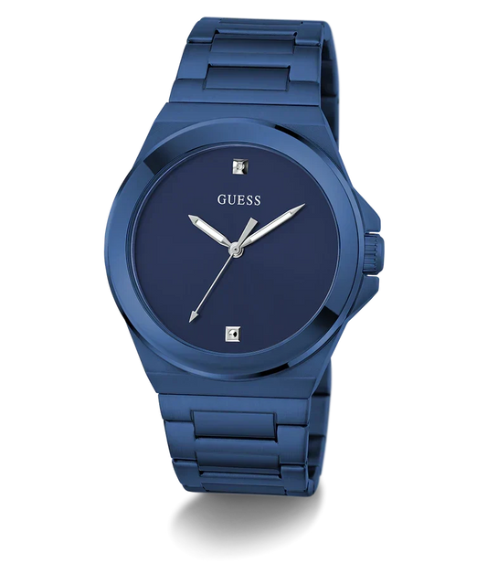 GUESS GW0833G1 blue watch shown at angle with metal bracelet and date window