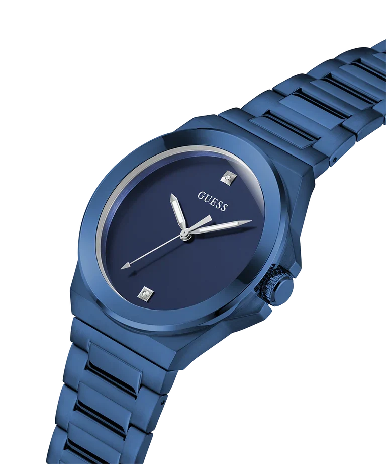GUESS GW0833G1 blue watch side view highlighting metal bracelet and case profile