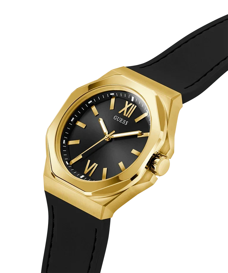 GUESS GW0850G2 watch angled view showing gold case and black leather strap