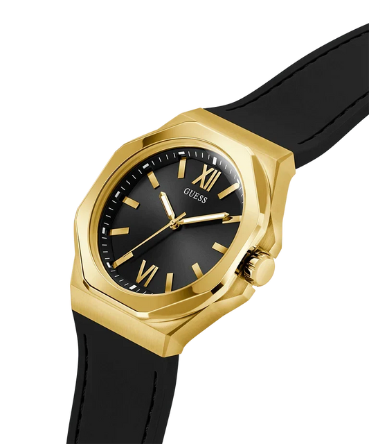 GUESS GW0850G2 watch angled view showing gold case and black leather strap