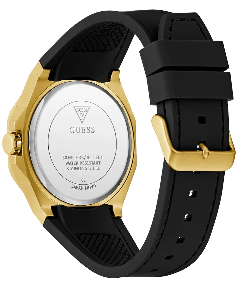 GUESS GW0850G2 caseback showing water resistant specs and stainless steel construction