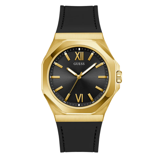 GUESS black gold-tone mens watch with octagonal case and Roman numeral dial