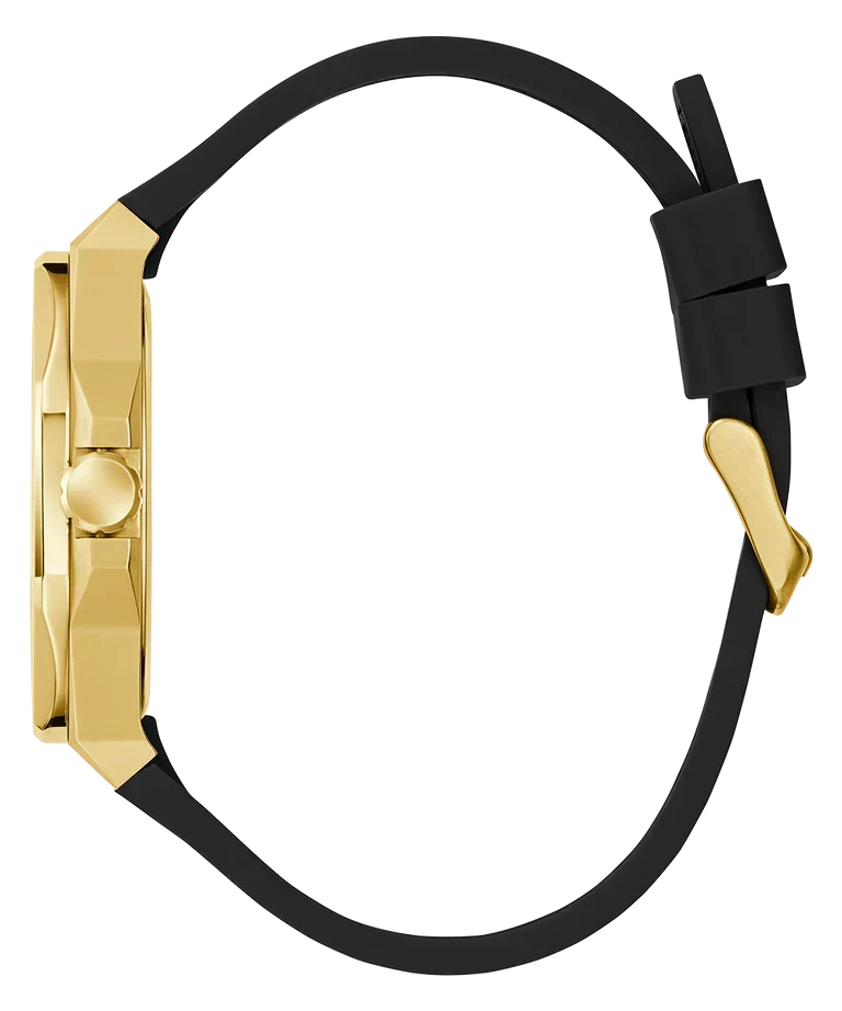 GUESS GW0850G2 side profile with gold-tone crown and black leather strap