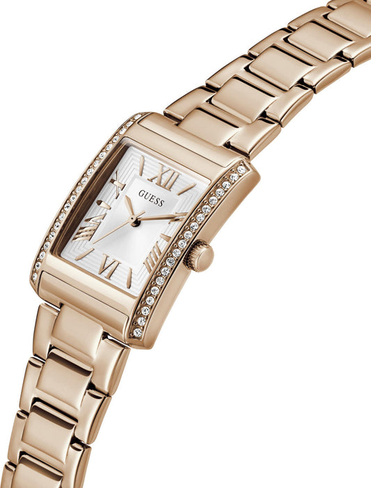Guess GW0874L3 watch at angle showing gold bracelet strap and crystal-adorned case