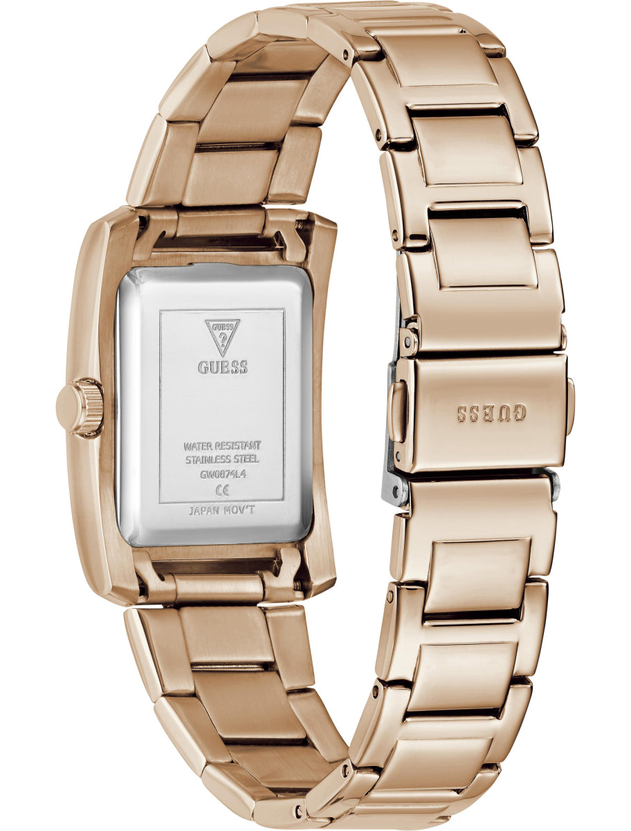 Guess GW0874L3 watch caseback and side view showing water resistance and stainless-steel bracelet