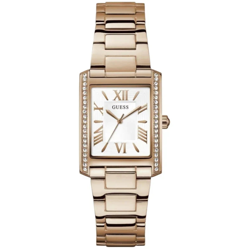 Guess GW0874L3 gold stainless-steel watch with rectangular white dial and crystal bezel
