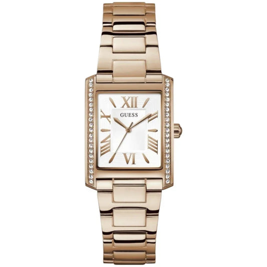 Guess GW0874L3 gold stainless-steel watch with rectangular white dial and crystal bezel