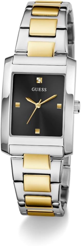 Side view of GUESS square watch with multi-tone stainless steel bracelet
