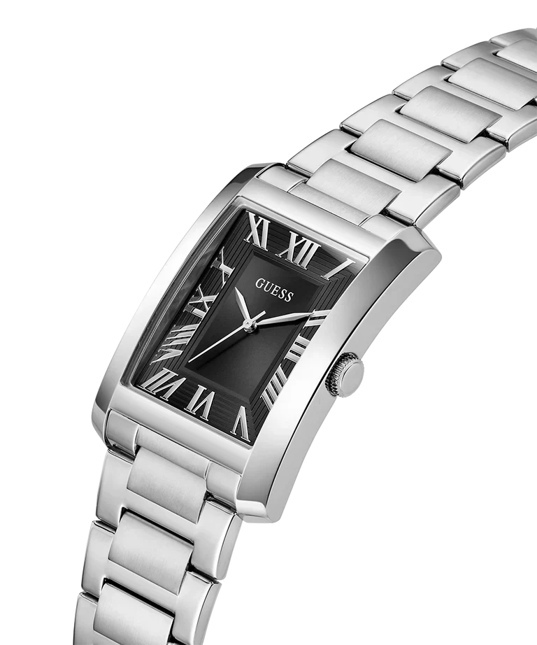 GUESS GW0896G1 silver tone watch shown at angle with stainless steel bracelet