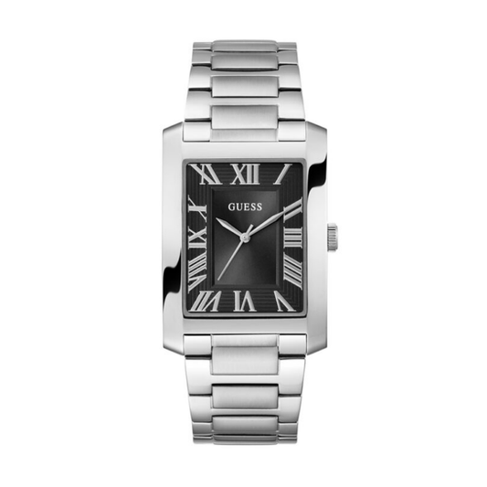 GUESS silver tone rectangular analog men's watch with black dial and Roman numerals