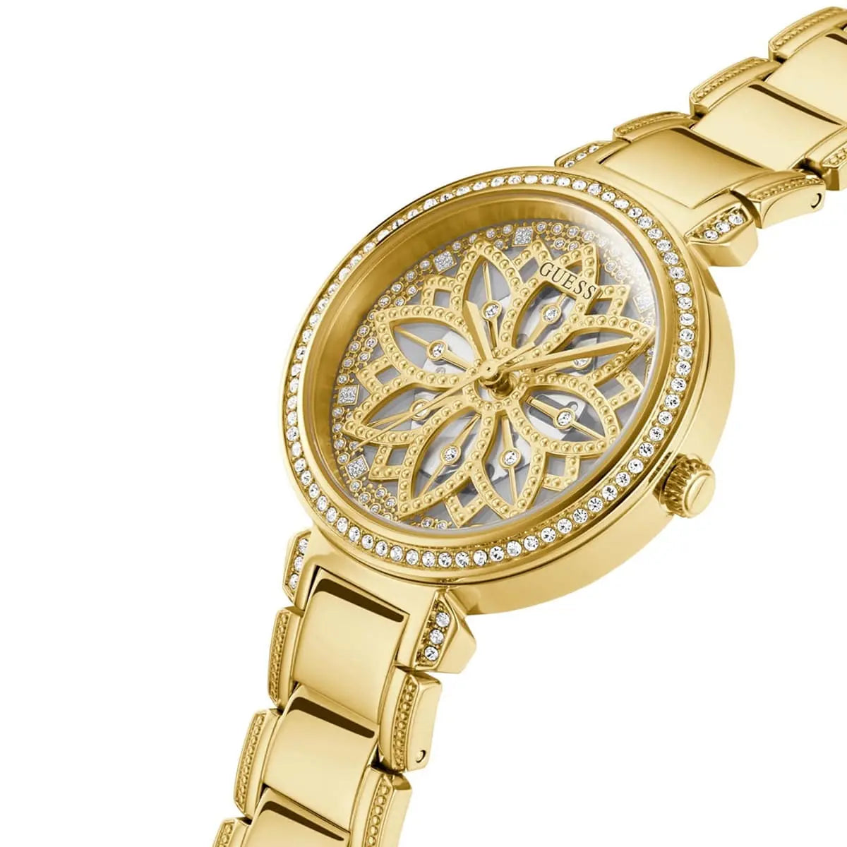 Guess Lily watch angled view showing crystal-embellished floral dial design and gold bracelet