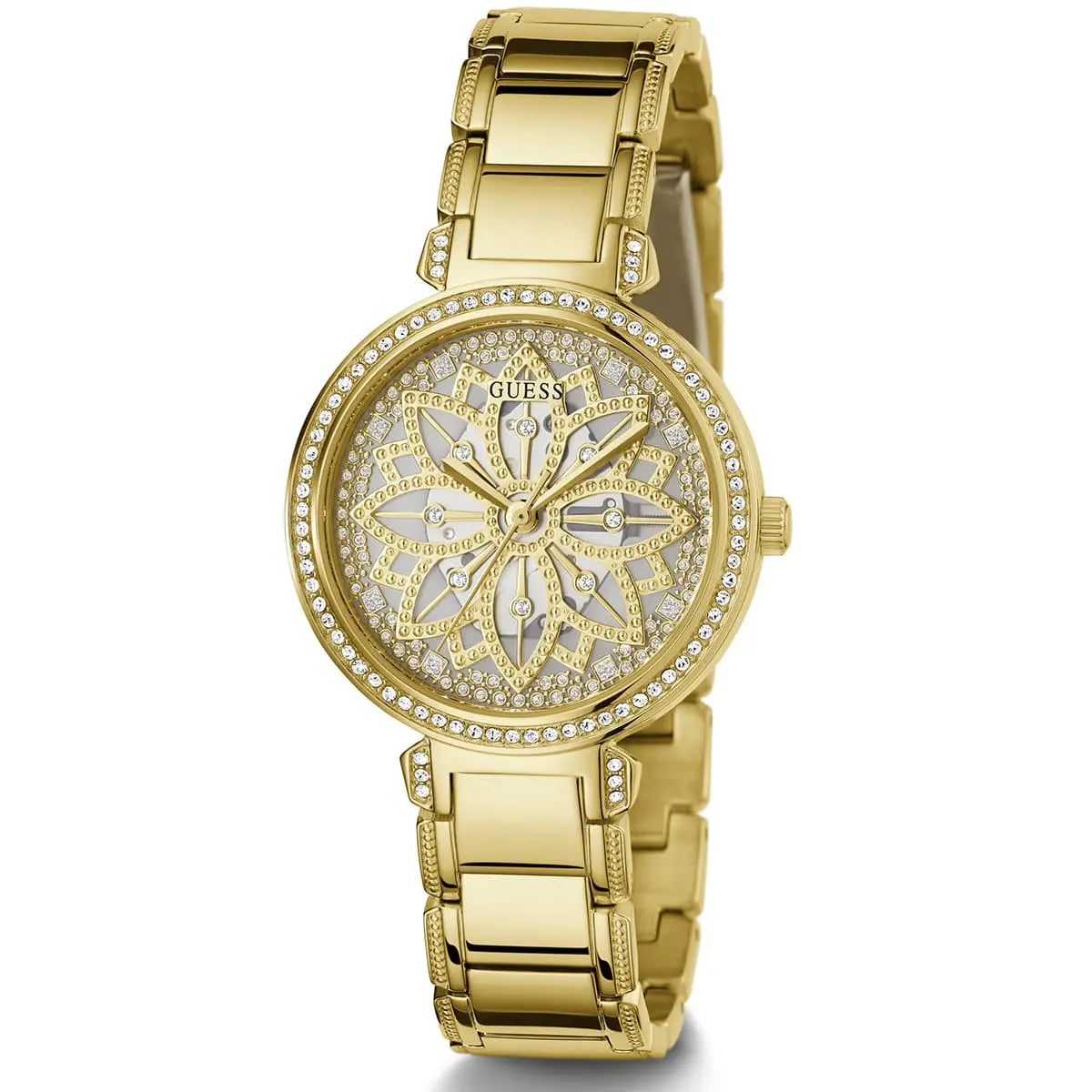 Guess Lily women's watch with gold tone case, diamond-set bezel, and patterned dial