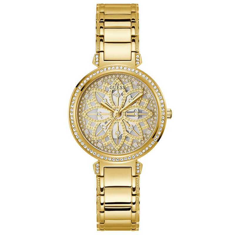 Guess Lily women's watch with gold dial, crystal-set bezel, and gold steel bracelet strap