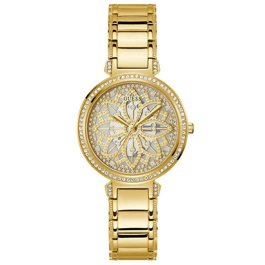 Guess Lily women's watch with gold dial, crystal-set bezel, and gold steel bracelet strap