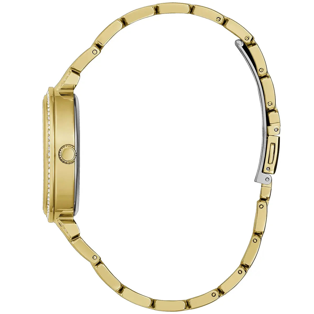 Gold-tone steel bracelet strap of Guess Lily watch with deployant clasp and crystal accents