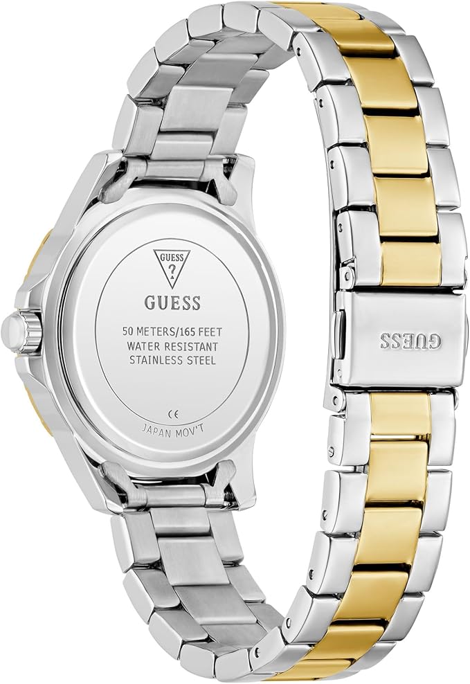 Caseback of Guess Mist watch showing stainless steel construction and water resistance details