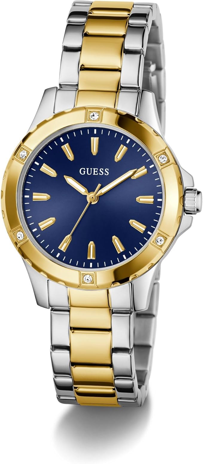 Front view of Guess Mist women's watch with navy blue dial and mixed metal design