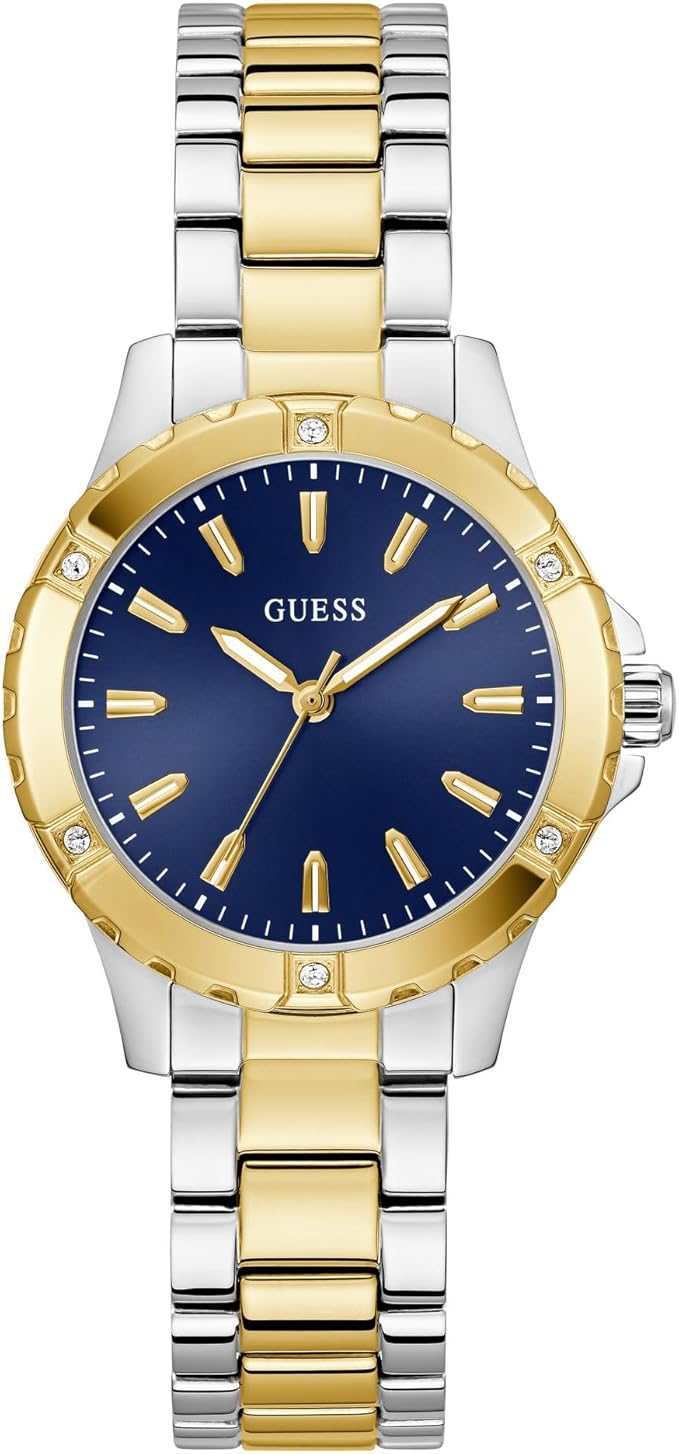 Guess Mist women's watch with blue dial, gold-tone bezel, and two-tone stainless steel bracelet