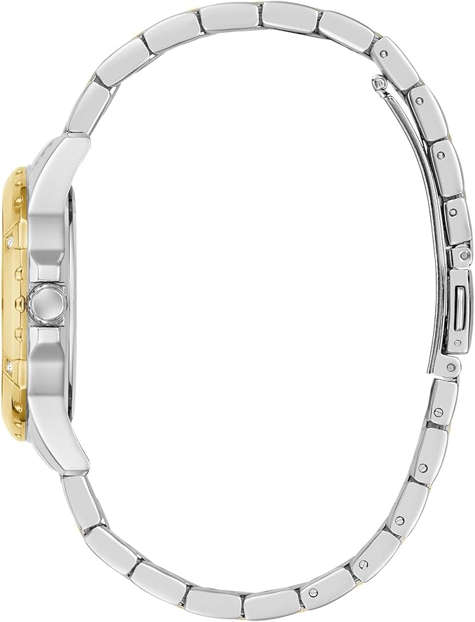 Side profile view of Guess Mist watch showing stainless steel case and two-tone bracelet