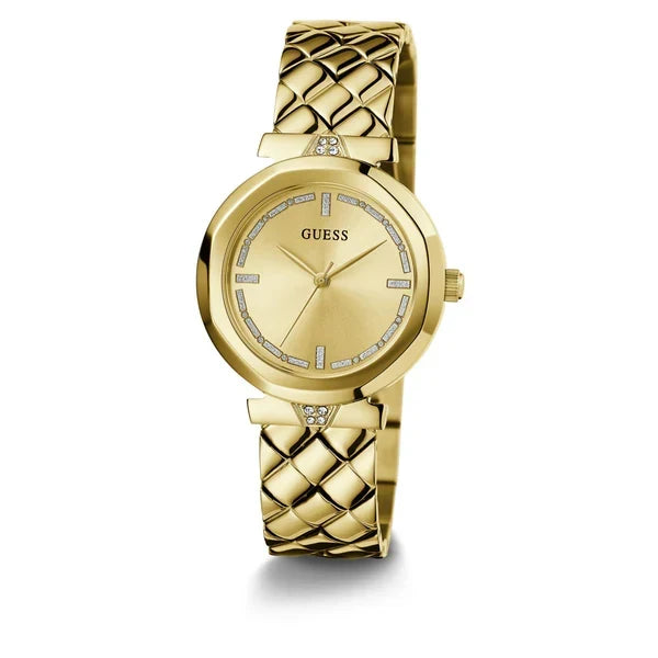 Guess Rumour women's watch at angle showing quilted gold strap detail