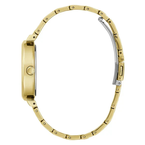 Guess Rumour watch dial detail showing crystal markers and gold face