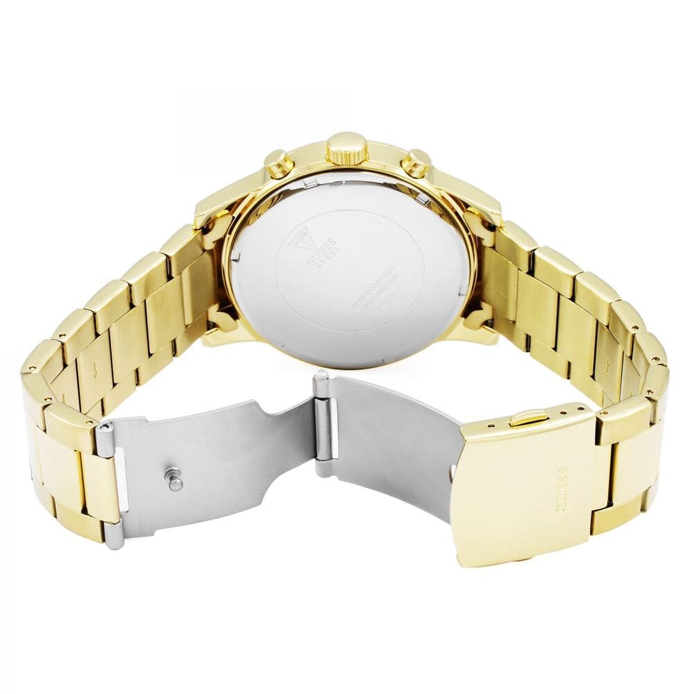 Gold-tone stainless steel bracelet and fold-over clasp of Guess Classic Chronograph watch