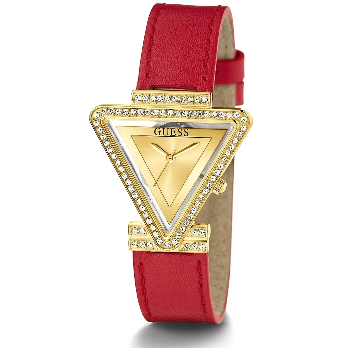 Guess GW0504L2 watch angled view showing gold triangle case and red leather strap