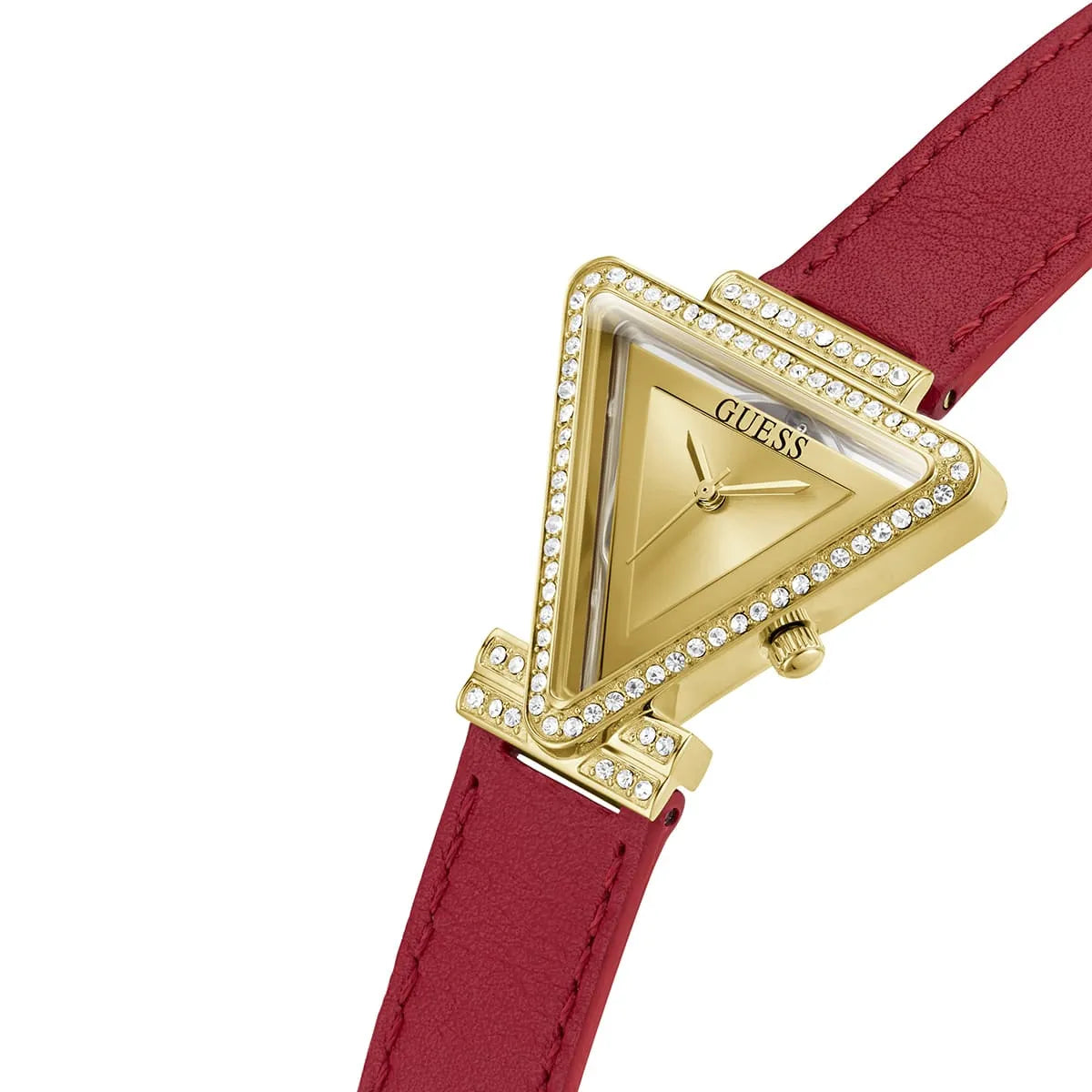 Close-up detail of Guess GW0504L2 triangle dial with crystal-set bezel