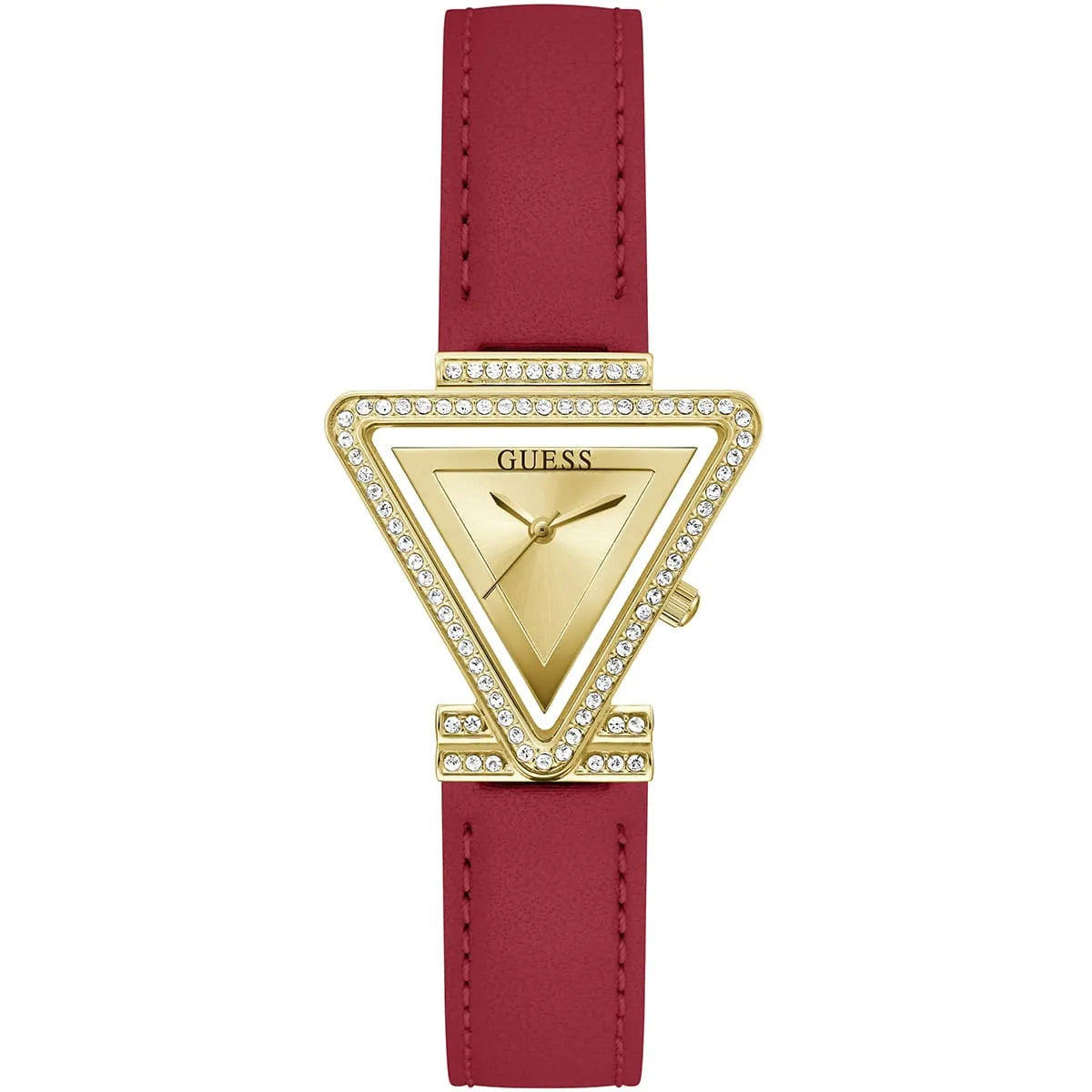 Guess GW0504L2 women's watch with triangle gold dial, crystal bezel, and red leather strap