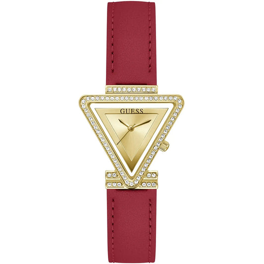Guess GW0504L2 women's watch with triangle gold dial, crystal bezel, and red leather strap