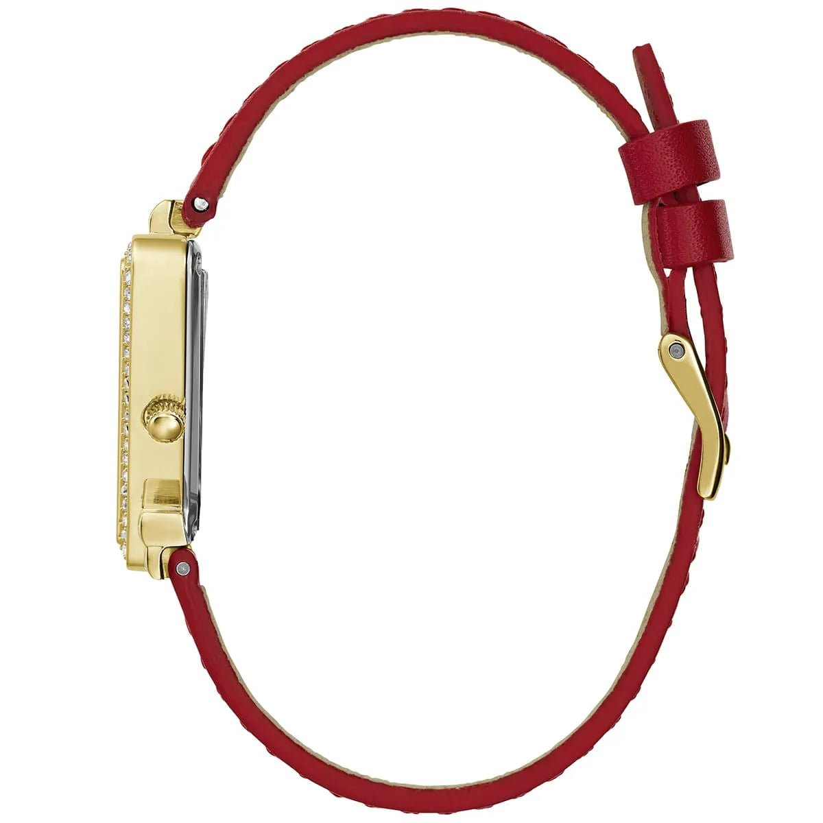 Guess GW0504L2 watch side view showing case profile and red leather strap