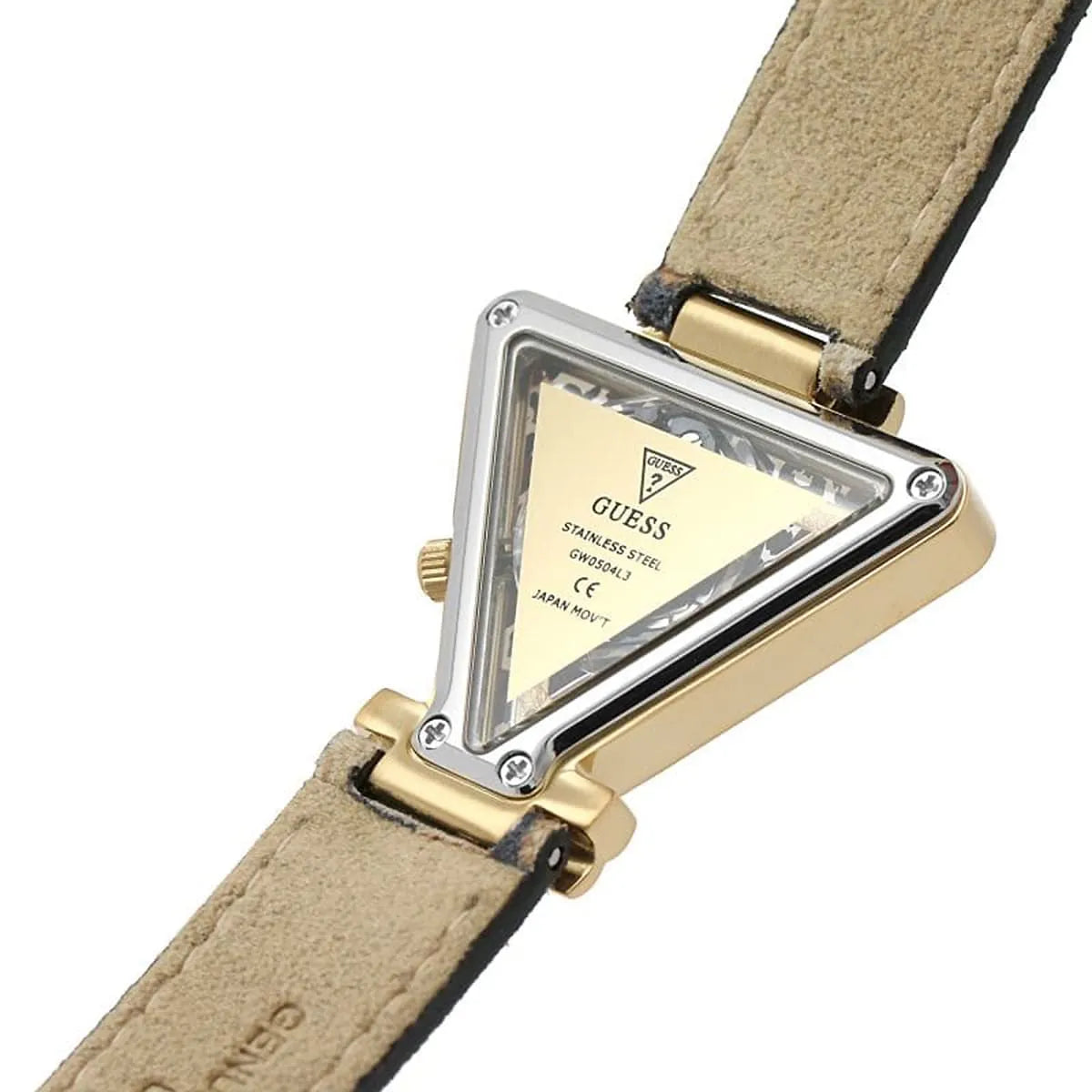 Stainless steel triangular case back of Guess Fame GW0504L3 with engraved text and Japan movement