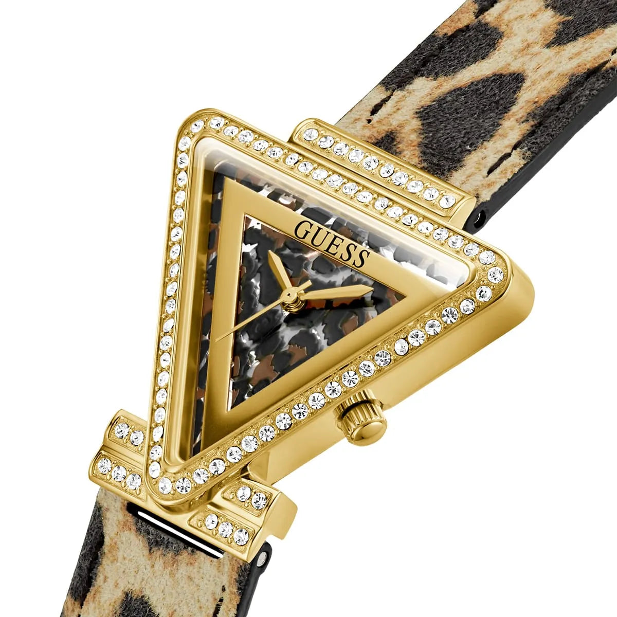 Close-up of gold triangle watch case with crystal bezel and animal print black dial with gold hands