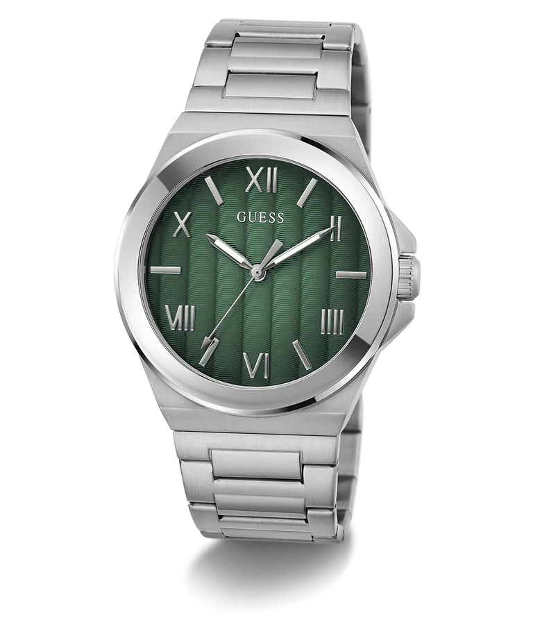 GUESS GW0789G1 watch angled view showing silver bracelet and green dial face