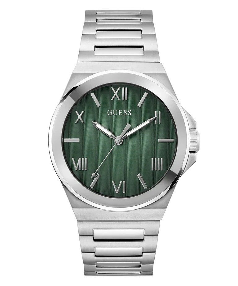 GUESS GW0789G1 silver tone mens watch with green dial and Roman numeral markers