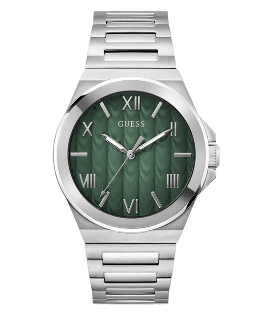 GUESS GW0789G1 silver tone mens watch with green dial and Roman numeral markers