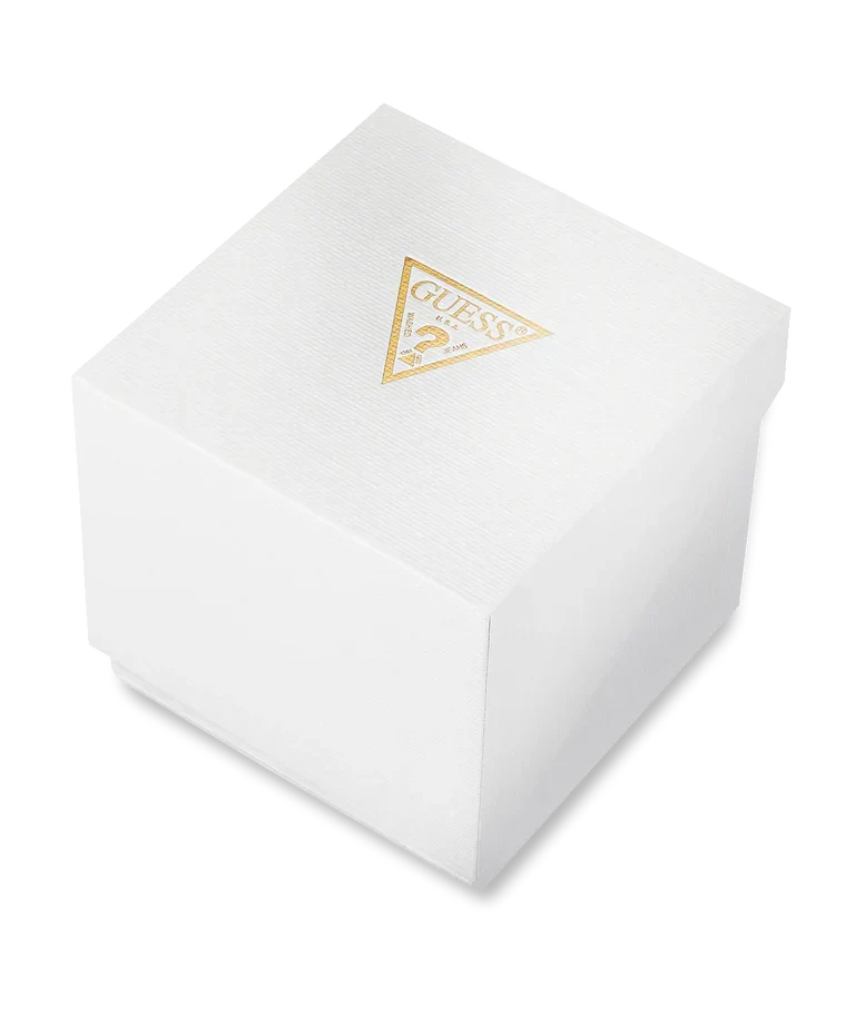 White GUESS watch box with embossed triangular logo
