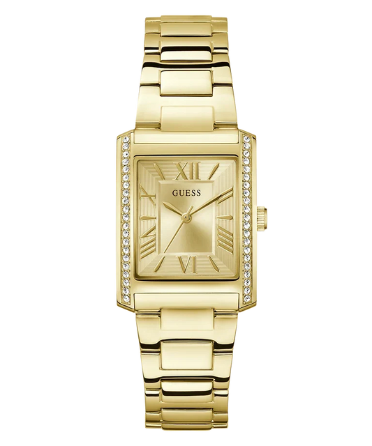 GUESS gold tone rectangular ladies watch with Roman numeral dial and crystal-set bezel