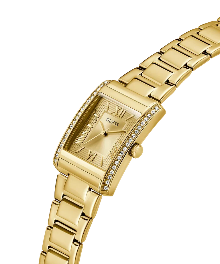 Side profile of GUESS gold tone ladies watch with polished link bracelet