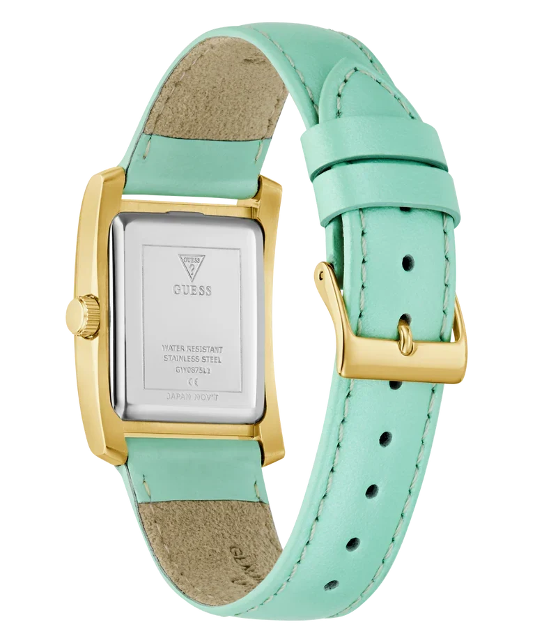 GUESS GW0875L1 caseback showing stainless steel case back with engraved logo and mint green leather strap