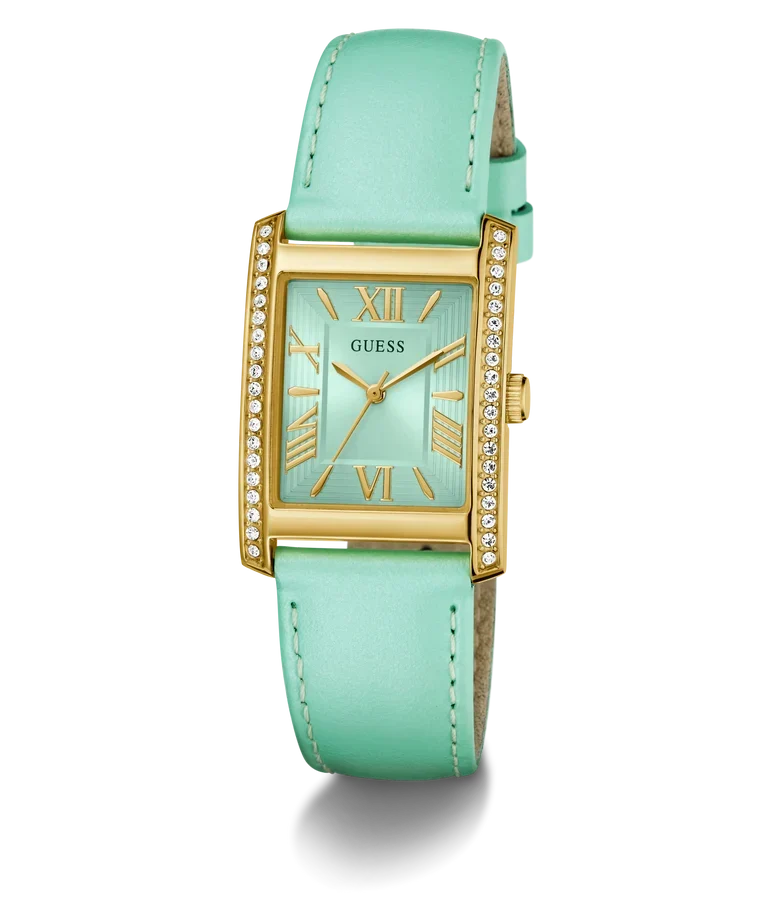 GUESS GW0875L1 women's watch with gold-tone rectangular case, crystal-accented bezel, and mint green leather strap
