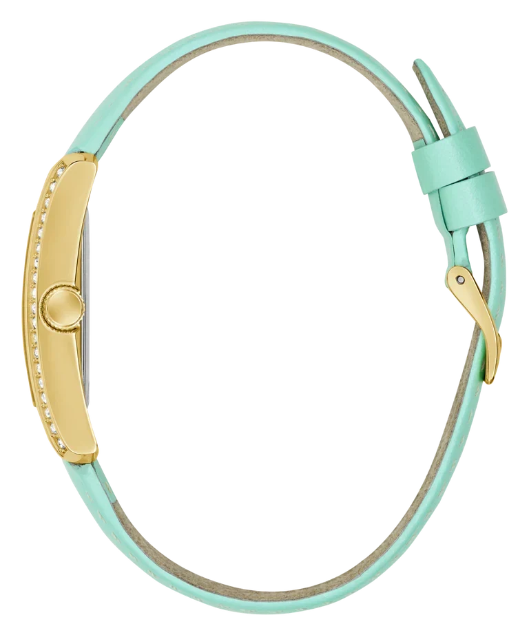 GUESS GW0875L1 mint green leather strap with gold-tone buckle closure and decorative stitching detail