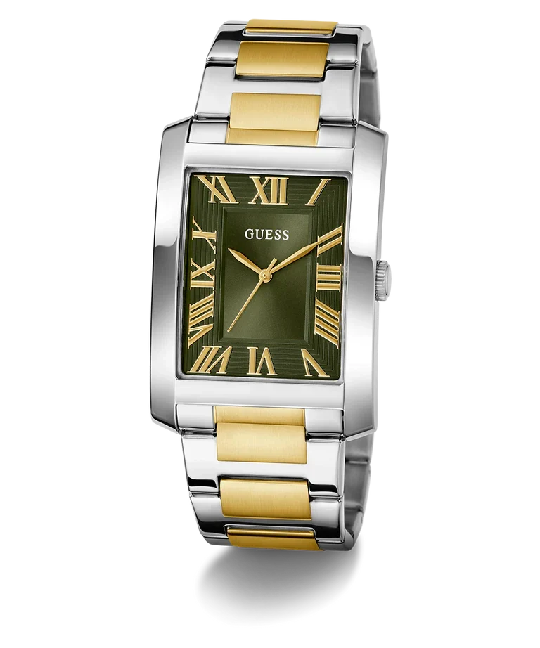 GUESS GW0896G3 watch at 45-degree angle showing 2-tone bracelet and rectangular case
