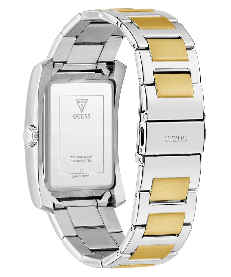 GUESS GW0896G3 watch flat lay showing case profile and 2-tone bracelet configuration