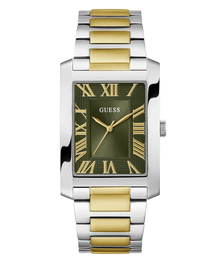 GUESS GW0896G3 2-tone silver and gold rectangular men's watch with green dial and gold Roman numerals