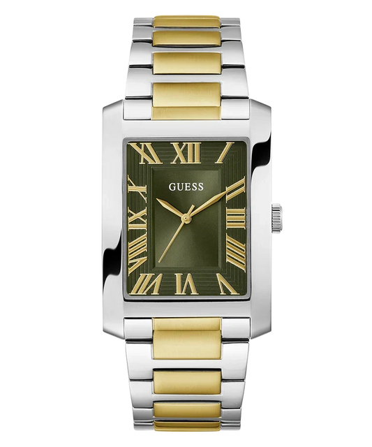 GUESS GW0896G3 2-tone silver and gold rectangular men's watch with green dial and gold Roman numerals