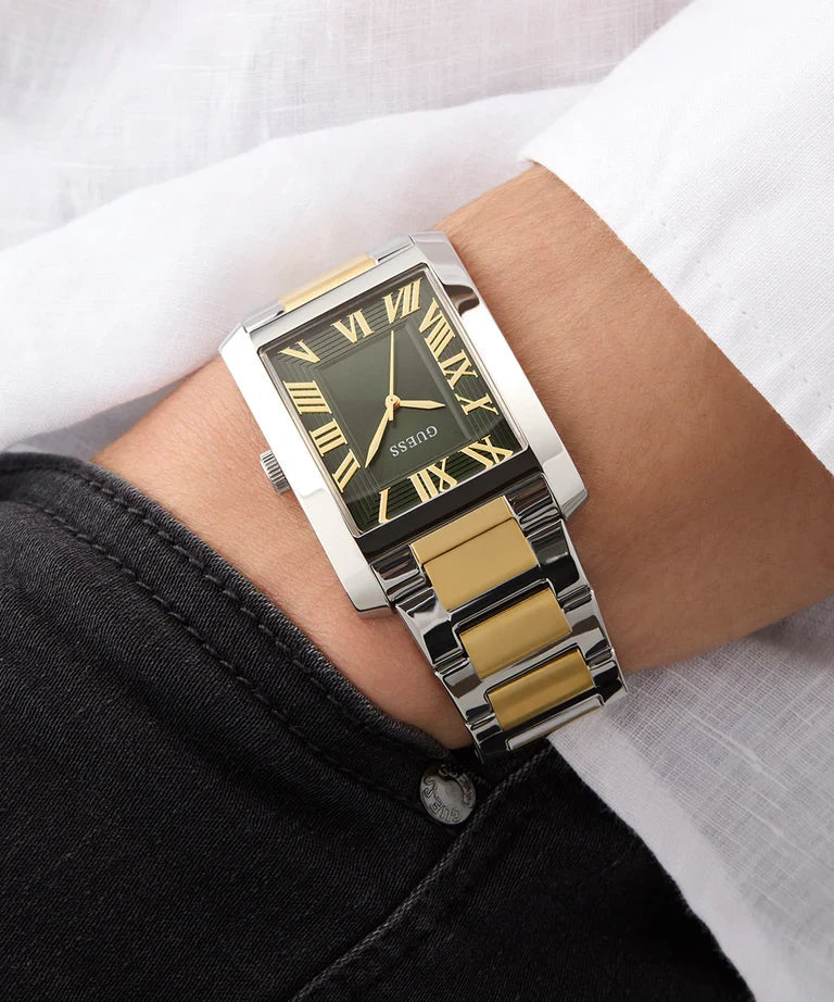 GUESS GW0896G3 men's watch worn on wrist showing 2-tone case and bracelet styling