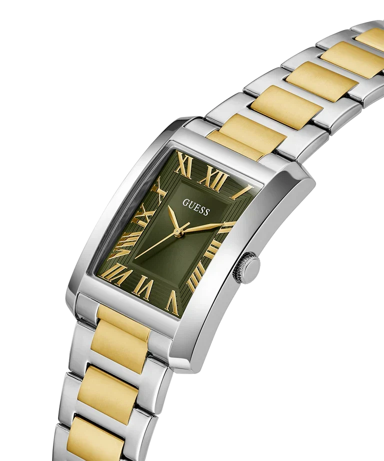 GUESS GW0896G3 watch side view showing 2-tone silver and gold metal bracelet links